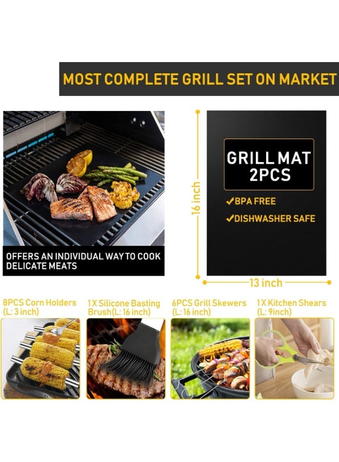 بلومنغ تايم مجموعة ملحقات شواء متينة مكونة من 34 قطعة - طقم أدوات شواء خارجية من الفولاذ المقاوم للصدأ مع حقيبة حمل، وقفازات مقاومة للحرارة، وأسياخ، وحوامل ذرة للتخييم، والفناء الخلفي، وكهدية - Image 4